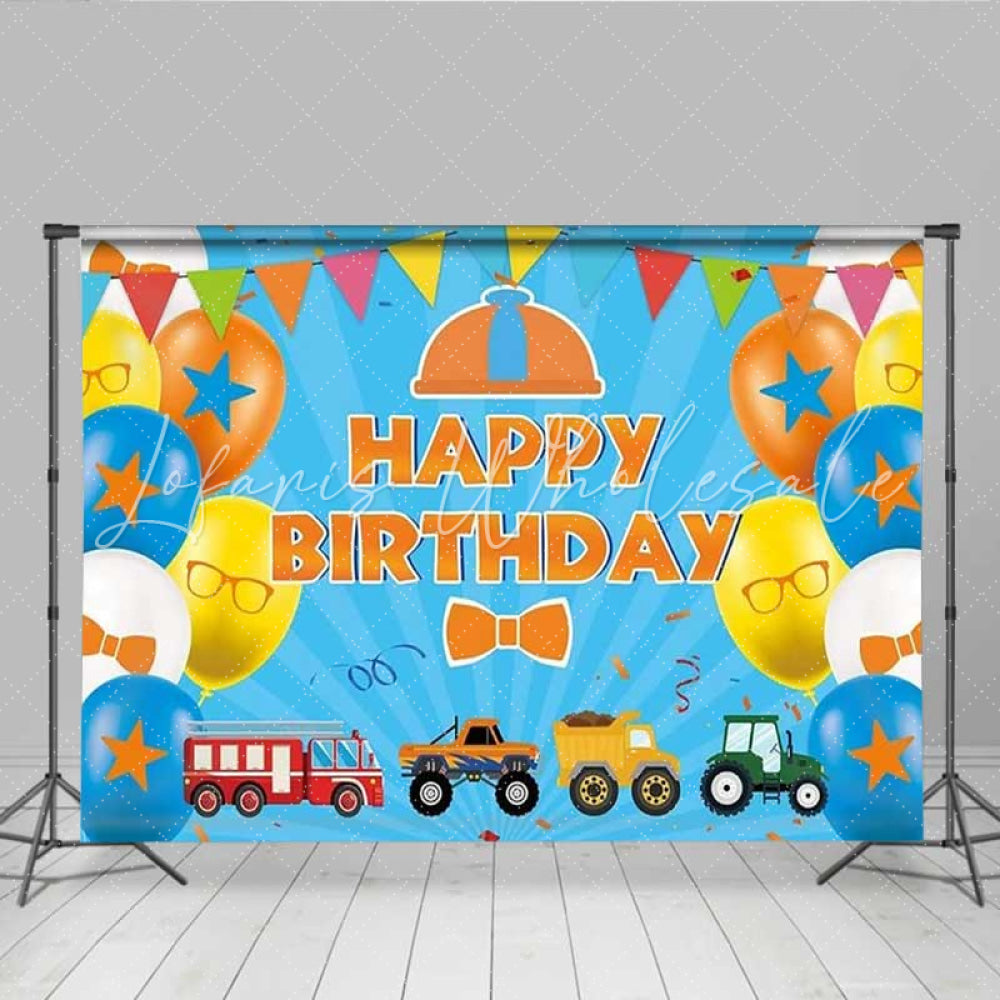 Lofaris Educational Cartoon Inspired Birthday Backdrop Orange and Blue Theme for Kids Fun Transportation Party Decor