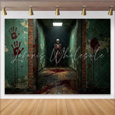 Lofaris Eerie Haunted Hallway Halloween Backdrop with Skeleton and Crimson Handprints Spooky Photography Background for Party Decor