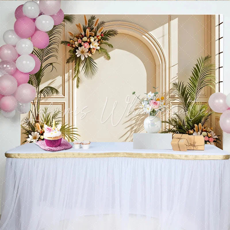 Lofaris Elegant Arch Floral Photography Backdrop with Greenery Creamy Wall Background for Studio Photoshoot and Event Decor