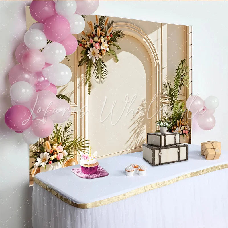 Lofaris Elegant Arch Floral Photography Backdrop with Greenery Creamy Wall Background for Studio Photoshoot and Event Decor