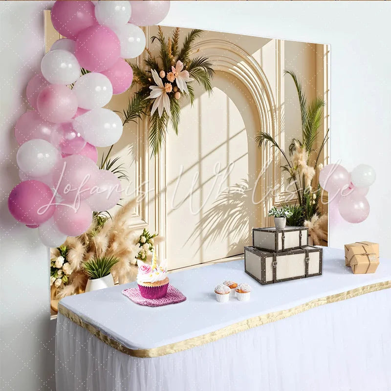 Lofaris Elegant Arch Floral Photography Backdrop with Pampas Grass and Sunlight Neutral Studio Background for Portrait Photoshoot