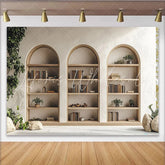 Lofaris Elegant Arched Bookshelf Photography Backdrop with Green Plants Minimalist Wall Tapestry for Professional Portrait