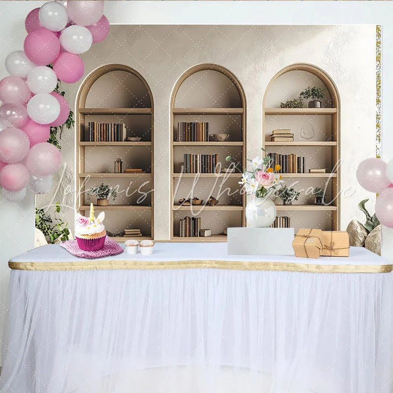 Lofaris Elegant Arched Bookshelf Photography Backdrop with Green Plants Minimalist Wall Tapestry for Professional Portrait