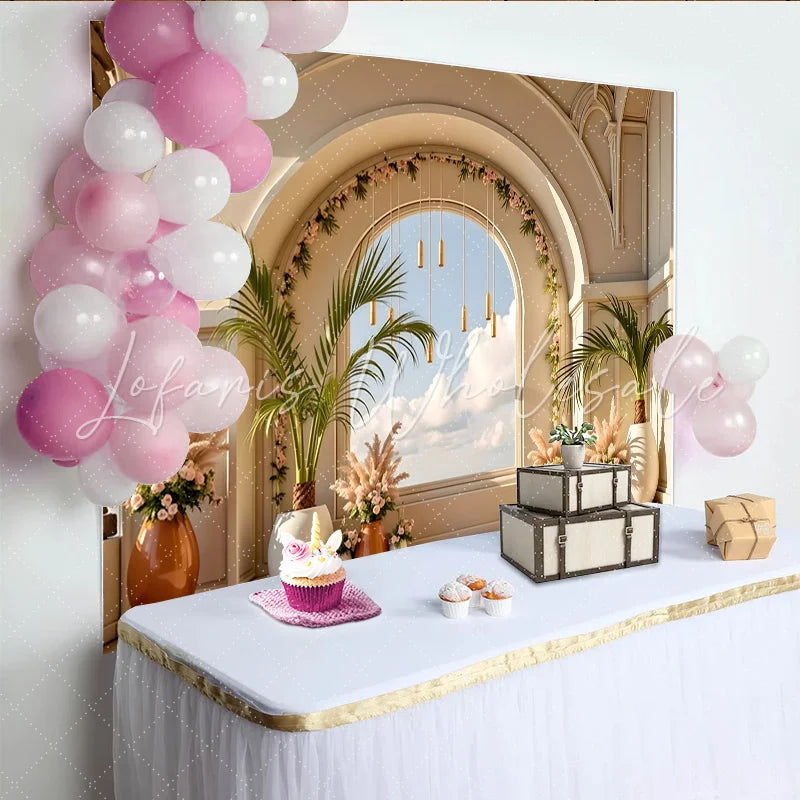 Lofaris Elegant Archway Photography Backdrop with Sky View and Botanical Decor Luxurious Studio Background for Wedding or Portrait