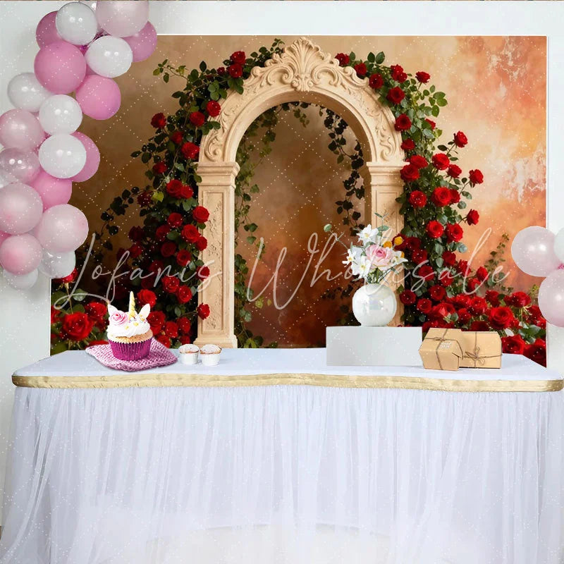 Lofaris Elegant Archway with Red Roses and Greenery Party Backdrop Romantic Wedding Anniversary or Valentine’s Day Decor