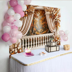 Lofaris Elegant Autumn Forest Photography Backdrop with White Roses and Pampas Grass Balustrade Studio Background for Seasonal Shoots