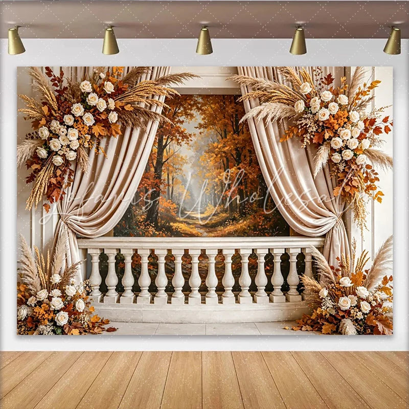 Lofaris Elegant Autumn Forest Photography Backdrop with White Roses and Pampas Grass Balustrade Studio Background for Seasonal Shoots