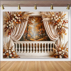 Lofaris Elegant Autumn Forest Photography Backdrop with White Roses and Pampas Grass Balustrade Studio Background for Seasonal Shoots