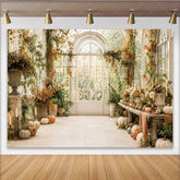 Lofaris Elegant Autumn Greenhouse Photography Backdrop Rustic Fall Leaves and Pumpkins Window Background for Photoshoot