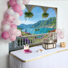 Lofaris Elegant Balcony View Natural Scenery Backdrop with Lake and Mountains Vibrant Floral Photography Background for Studio or Event