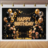 Lofaris Elegant Black and Gold Birthday Backdrop with Balloons and Roses Luxurious Party Decor for Photoshoot and Celebration