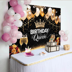Lofaris Elegant Black and Gold Birthday Queen Backdrop with Balloons and Crown Luxurious Party Photography Background for Women