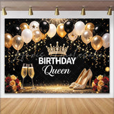 Lofaris Elegant Black and Gold Birthday Queen Backdrop with Balloons and Crown Luxurious Party Photography Background for Women
