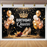 Lofaris Elegant Black and Gold Birthday Queen Backdrop with Crown and Sparkling Heels Glitter Balloons Party Decor for Women’s Birthday