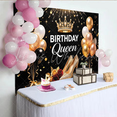 Lofaris Elegant Black and Gold Birthday Queen Backdrop with Crown and Sparkling Heels Glitter Balloons Party Decor for Women’s Birthday