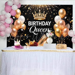 Lofaris Elegant Black and Gold Birthday Queen Backdrop with Crown and Sparkling Heels Glitter Balloons Party Decor for Women’s Birthday