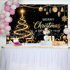 Lofaris Elegant Black and Gold Christmas Backdrop with Glowing Tree and Reindeer Festive Happy New Year Party Background for Photoshoot