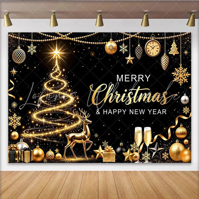 Lofaris Elegant Black and Gold Christmas Backdrop with Glowing Tree and Reindeer Festive Happy New Year Party Background for Photoshoot