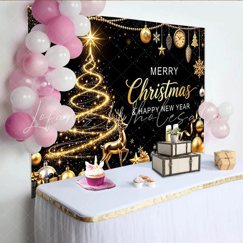 Lofaris Elegant Black and Gold Christmas Backdrop with Glowing Tree and Reindeer Festive Happy New Year Party Background for Photoshoot