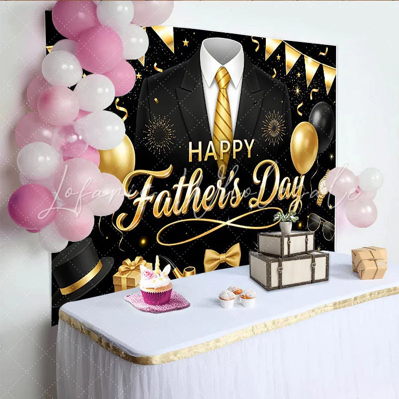 Lofaris Elegant Black and Gold Father’s Day Backdrop with Suit and Tie Stylish Party Decor for Dad’s Celebration Photoshoot