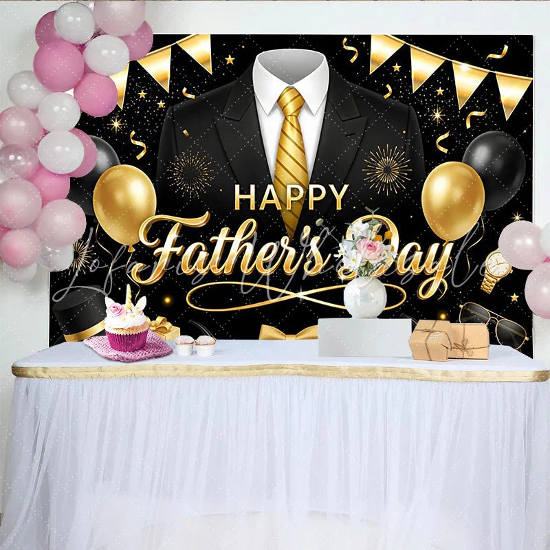 Lofaris Elegant Black and Gold Father’s Day Backdrop with Suit and Tie Stylish Party Decor for Dad’s Celebration Photoshoot
