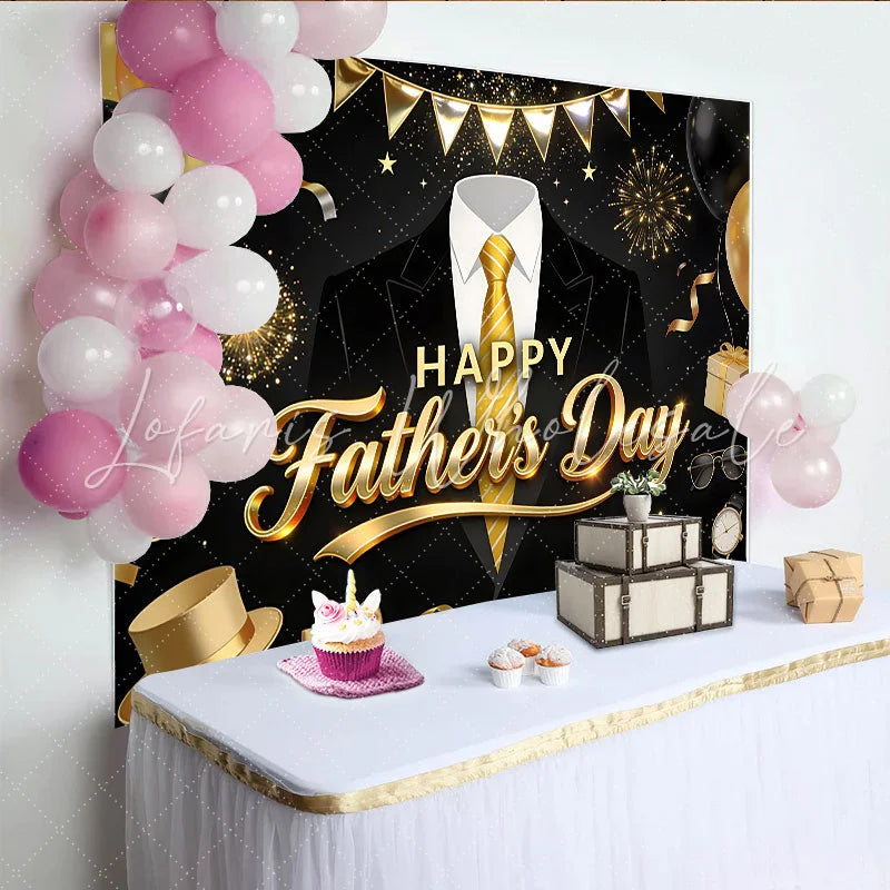 Lofaris Elegant Black and Gold Fathers Day Backdrop with Suit and Tie Festive Photo Background for Celebration Party Decor