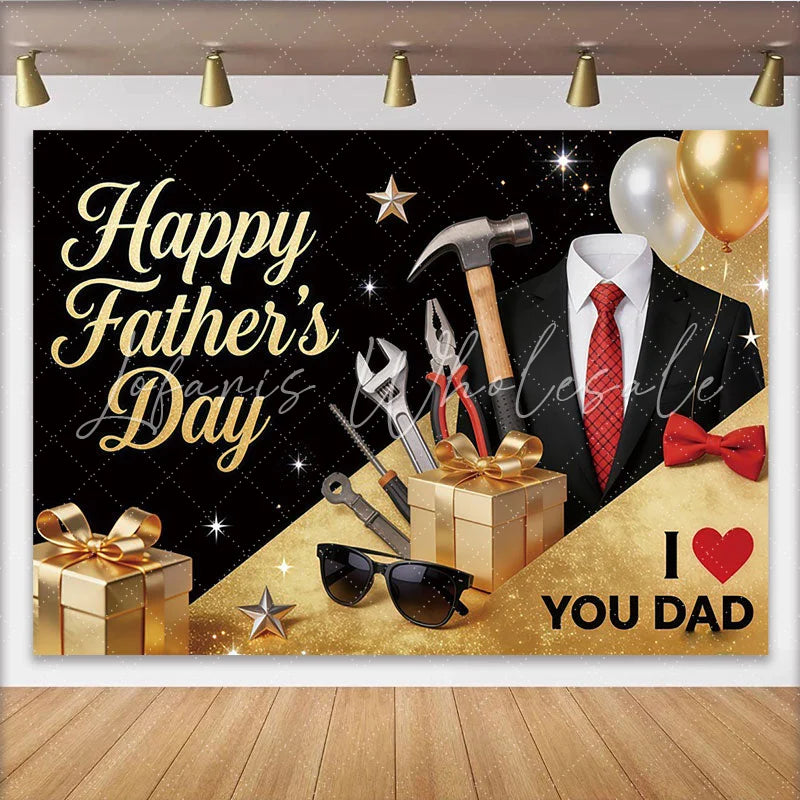 Lofaris Elegant Black and Gold Fathers Day Backdrop with Suit and Tools Glittery Party Background for Celebration