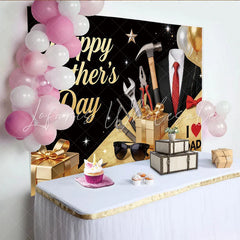Lofaris Elegant Black and Gold Fathers Day Backdrop with Suit and Tools Glittery Party Background for Celebration