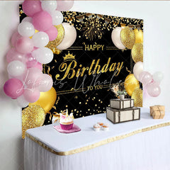 Lofaris Elegant Black and Gold Glitter Birthday Backdrop with Balloons and Crown Festive Party Decor for Celebration