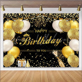 Lofaris Elegant Black and Gold Glitter Birthday Backdrop with Balloons and Crown Festive Party Decor for Celebration