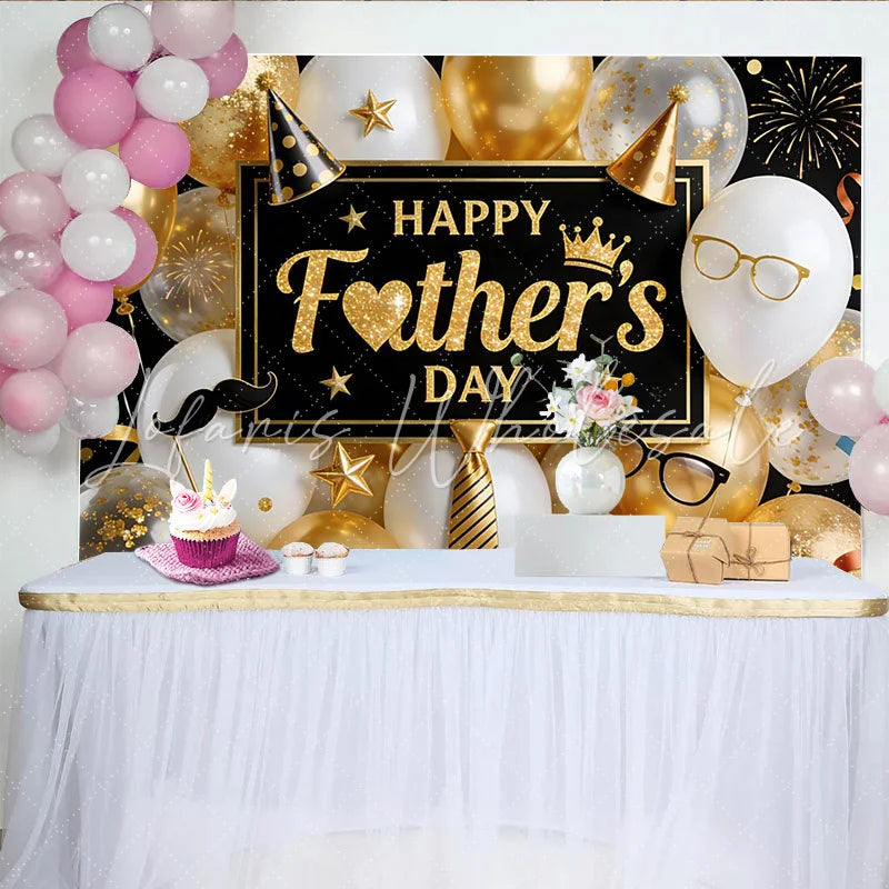 Lofaris Elegant Black and Gold Glitter Fathers Day Backdrop with Balloons Stylish Party Decor for Dad’s Celebration Photoshoot