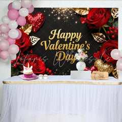 Lofaris Elegant Black and Gold Glitter Happy Valentine’s Day Party Backdrop Romantic Red Roses and Hearts Decor