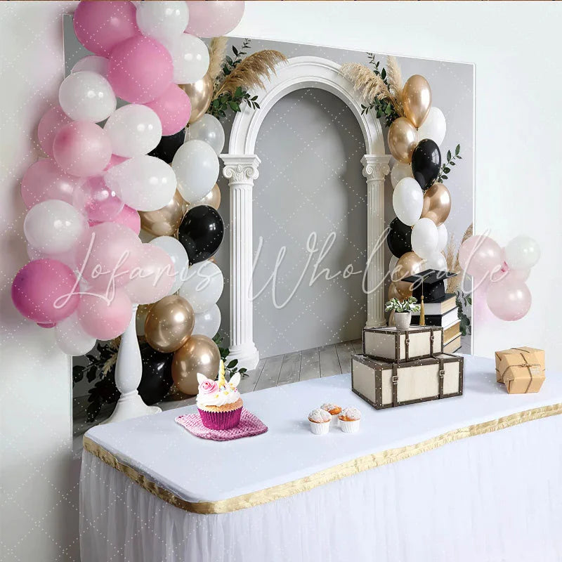 Lofaris Elegant Black and Gold Graduation Backdrop with Arch and Balloons Stylish Photo Booth Prop for Celebration Party