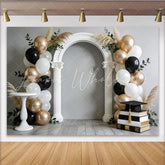 Lofaris Elegant Black and Gold Graduation Backdrop with Arch and Balloons Stylish Photo Booth Prop for Celebration Party