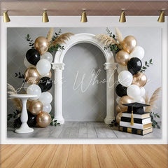 Lofaris Elegant Black and Gold Graduation Backdrop with Arch and Balloons Stylish Photo Booth Prop for Celebration Party
