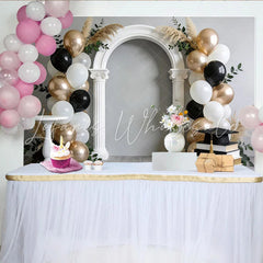 Lofaris Elegant Black and Gold Graduation Backdrop with Arch and Balloons Stylish Photo Booth Prop for Celebration Party