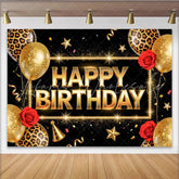 Lofaris Elegant Black and Gold Happy Birthday Backdrop with Glitter Balloons Leopard Print Party Decor and Photo Booth Background