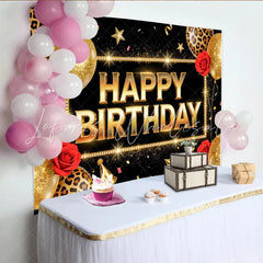 Lofaris Elegant Black and Gold Happy Birthday Backdrop with Glitter Balloons Leopard Print Party Decor and Photo Booth Background