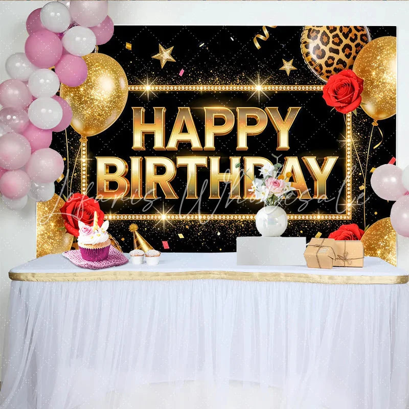 Lofaris Elegant Black and Gold Happy Birthday Backdrop with Glitter Balloons Leopard Print Party Decor and Photo Booth Background