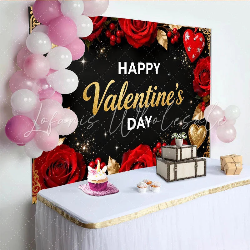 Lofaris Elegant Black and Gold Happy Valentine’s Day Party Backdrop Romantic Red Roses and Glitter Hearts Decor
