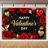 Lofaris Elegant Black and Gold Happy Valentine’s Day Party Backdrop Romantic Red Roses and Glitter Hearts Decor
