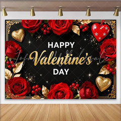 Lofaris Elegant Black and Gold Happy Valentine’s Day Party Backdrop Romantic Red Roses and Glitter Hearts Decor
