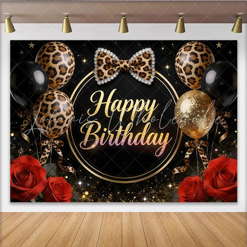 Lofaris Elegant Black and Gold Leopard Print Birthday Backdrop Glitter Balloons and Red Roses Photo Background for Women