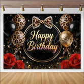 Lofaris Elegant Black and Gold Leopard Print Birthday Backdrop Glitter Balloons and Red Roses Photo Background for Women