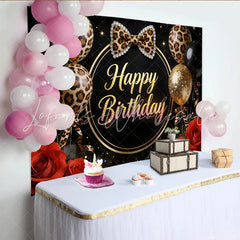 Lofaris Elegant Black and Gold Leopard Print Birthday Backdrop Glitter Balloons and Red Roses Photo Background for Women