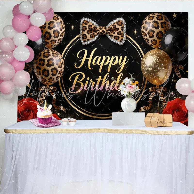 Lofaris Elegant Black and Gold Leopard Print Birthday Backdrop Glitter Balloons and Red Roses Photo Background for Women