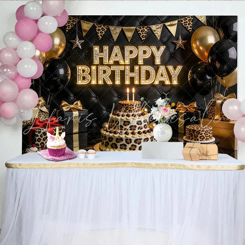 Lofaris Elegant Black and Gold Leopard Print Birthday Backdrop Luxurious Party Background with Balloons and Tufted Leather