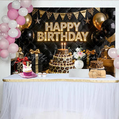 Lofaris Elegant Black and Gold Leopard Print Birthday Backdrop Luxurious Party Background with Balloons and Tufted Leather