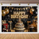 Lofaris Elegant Black and Gold Leopard Print Birthday Backdrop Luxurious Party Background with Balloons and Tufted Leather