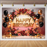 Lofaris Elegant Black and Gold Rose Birthday Backdrop with Balloons and Glitter Luxurious Party Background for Photoshoot Decor.